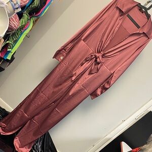 Chic Satin Tie-Front Jumpsuit in Deep Burgundy